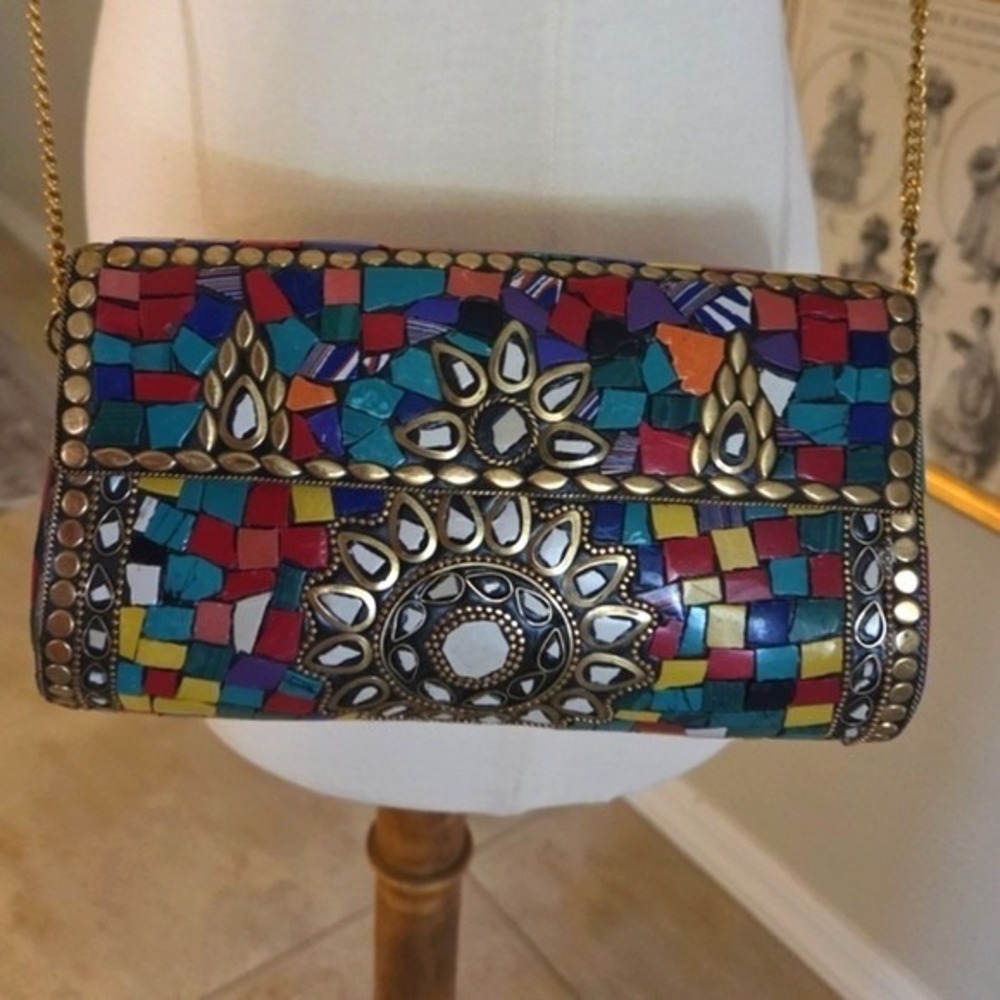 Colorful‎ Metal And Stone Multicolor Mosaic Clutch/Crossbody